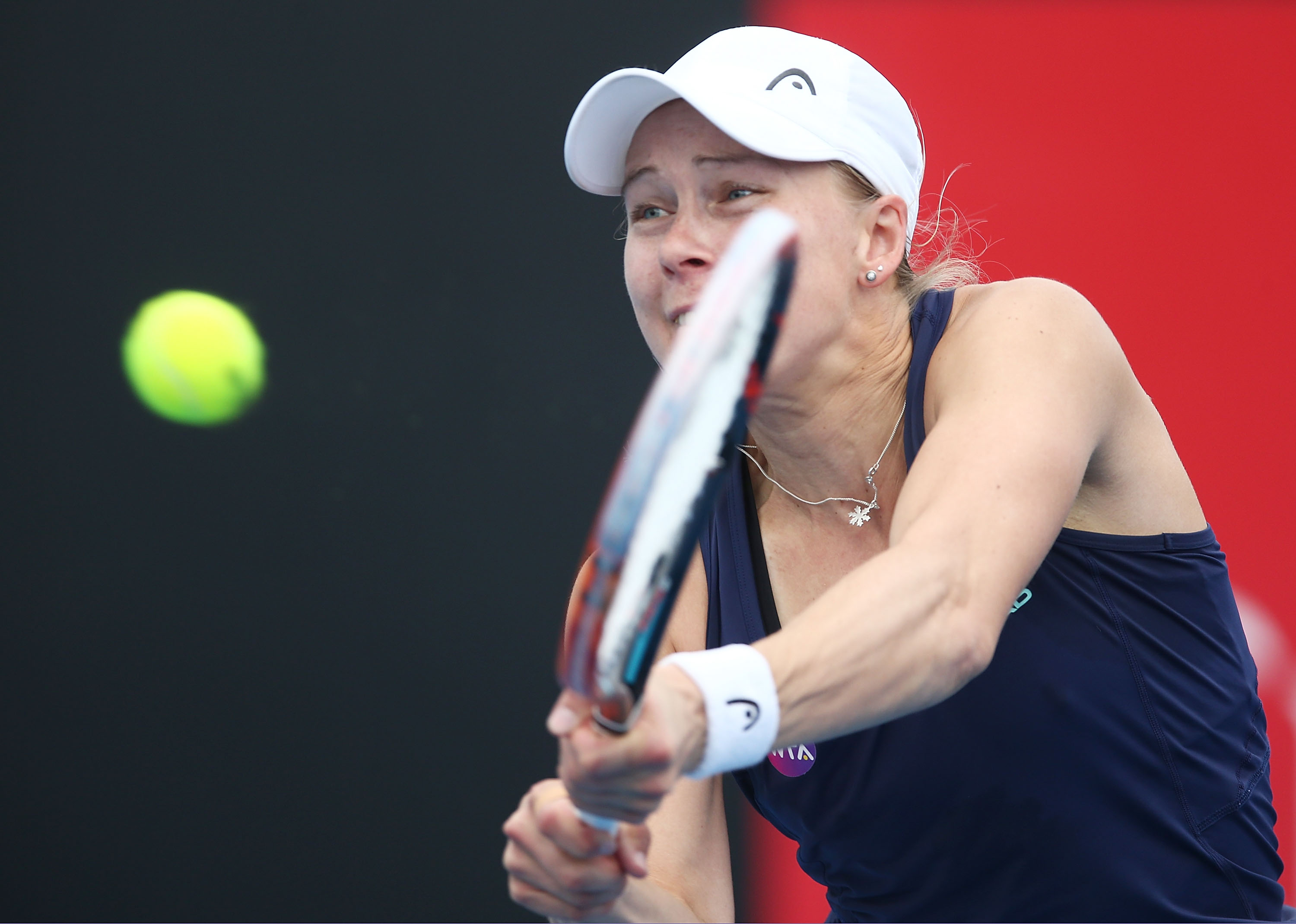 STRETCHED: No.11 seed Johanna Larsson of Sweden plays a backhand in her second round match; Getty Images