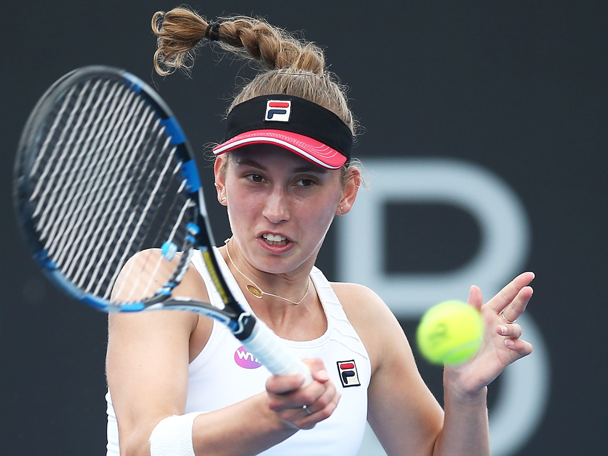 FINAL BOUND: Elise Mertens lines up a forehand during her semifinal win today; Getty Images
