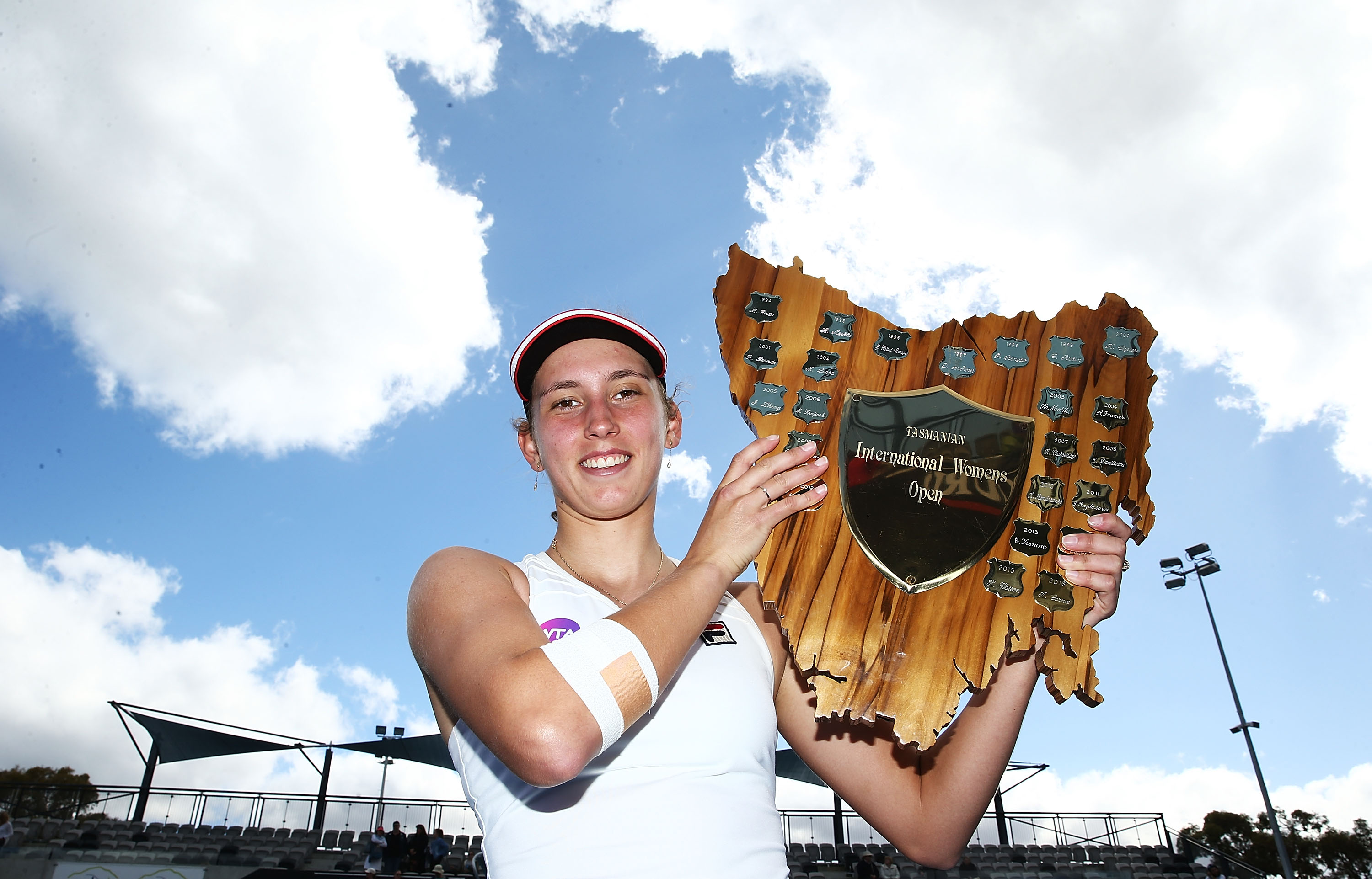 NEW CHAMPION: Elise Mertens of Belgium celebrates winning the Hobart International 2017 singles title; Getty Images