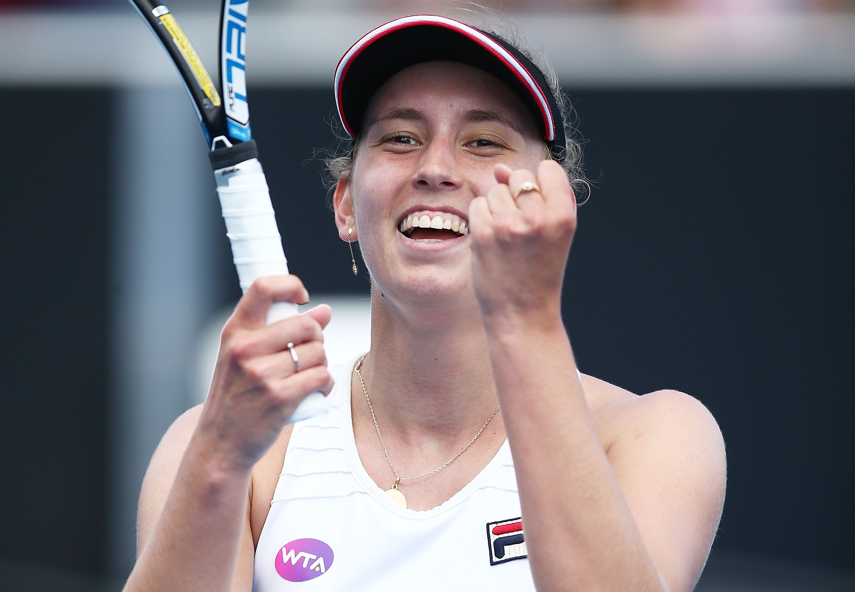 ELATION: Elise Mertens celebrates becoming the Hobart International singles champion for 2017; Getty Images