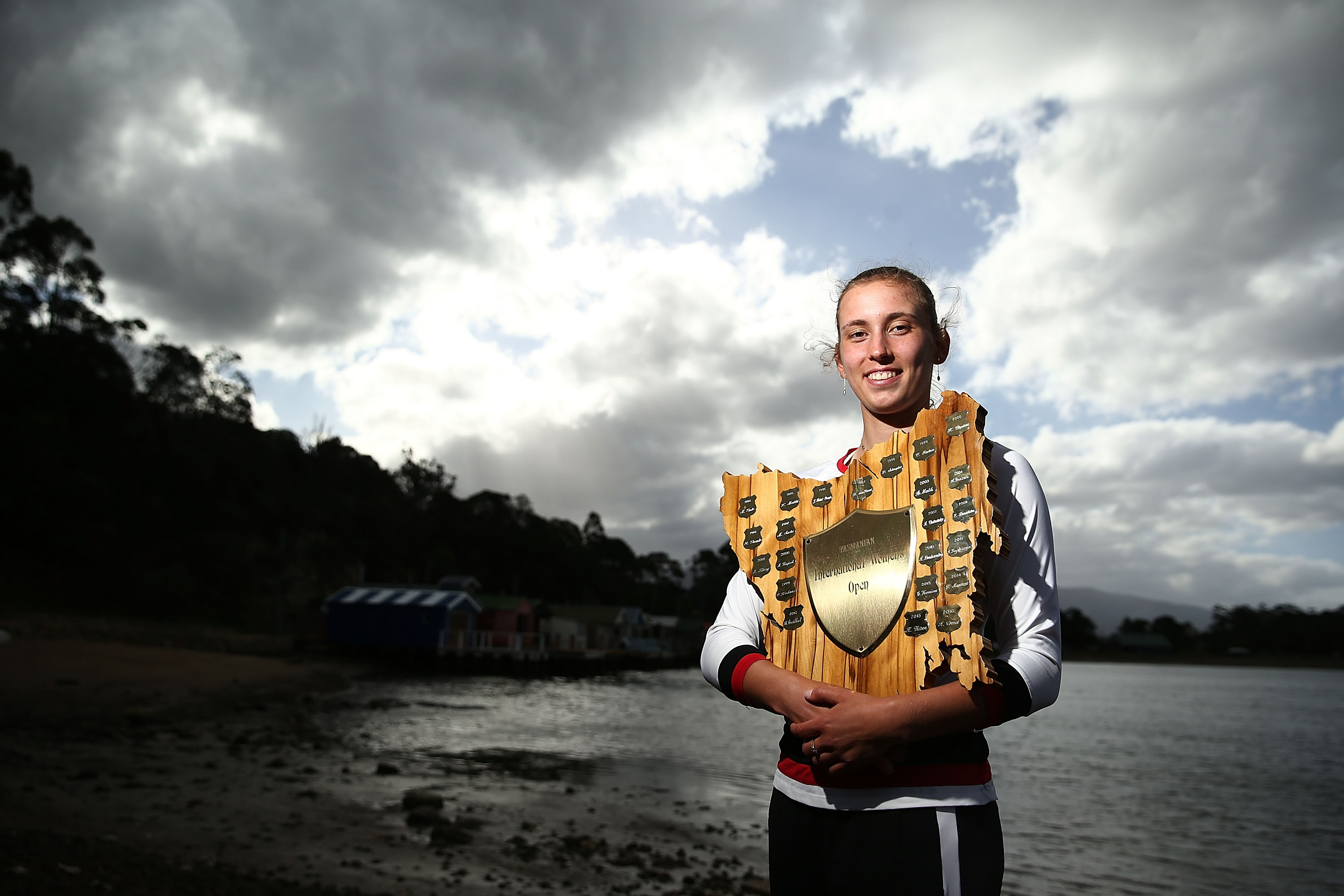 PURE JOY: Qualifier Elise Mertens craddles her first WTA title at Hobart's Cornelian Bay; Getty Images