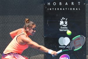 STRETCHED: Spaniard Sara Sorribes Tormo reaches for a backhand during her loss to Veronica Cepede Royg.