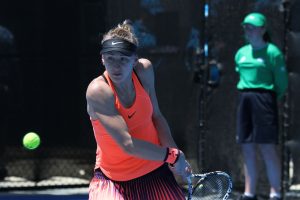 UNDER PRESSURE: Czech Tereza Smitkova lines up a backhand in her loss to Croatian Jana Fett. Picture: Tim Ikin