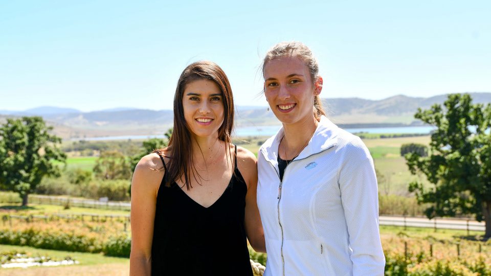 HAPPY TO BE BACK: Sorana Cirstea and Elise Mertens at Tasmania's Coal River Farm. Picture: Alastair Bett