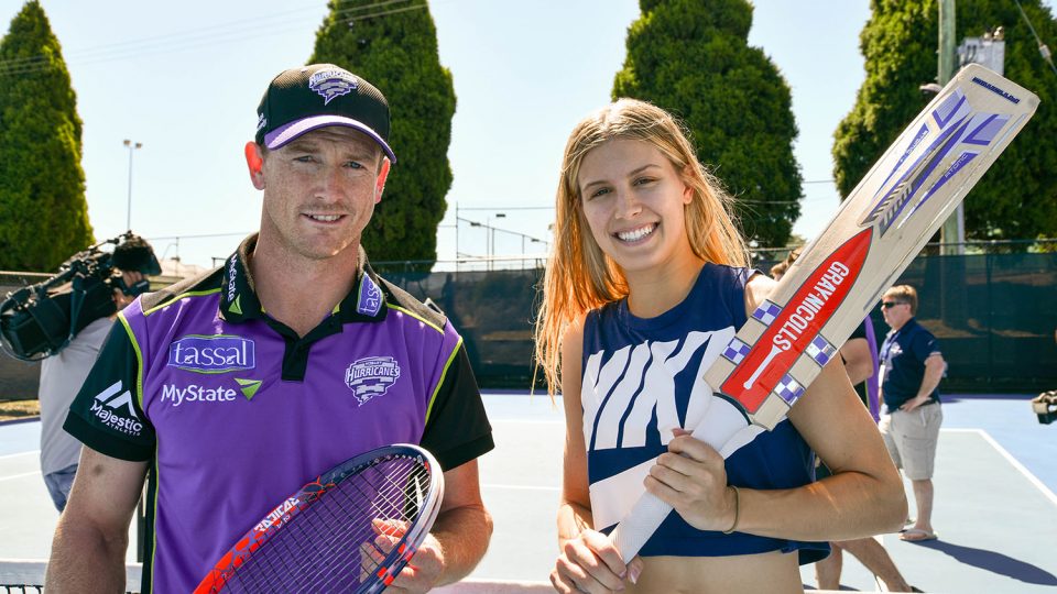 A GOOD SPORT: Hobart Hurricanes captain George Bailey introduced 2016 finalist Genie Bouchard to cricket today. Photo: Alastair Bett