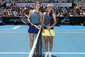 FINALISTS: Anna Karolina Schmiedlova and Sofia Kenin at the start of the singles final; Getty Images